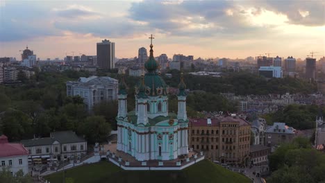 Aerial-view-of-St.-Andrew’s-Church,-historical-center,-Podolsky-district,-Kyiv,-Ukraine