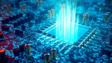 IA-concepto-de-inteligencia-artificial-CPU.-Aprendizaje-automático.-Procesadores-de-ordenadorcentral-en-la-placa-de-circuito-con-pistas-luminosas.-Datos-codificados.-Chip-de-ordenador-sobre-fondo-de-circuito,-animación-3D