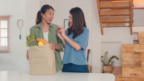 Asian-Lesbian-couple-hold-grocery-shopping-paper-bags-from-supermarket-put-it-in-kitchen-at-home.