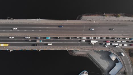 Bridge-highway-traffic-jam-fork-aerial-top-view