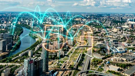 Aerial-city-connected-through-5G.-Wireless-network,-mobile-technology-concept,-data-communication,-cloud-computer,-artificial-intelligence,-internet-of-things.-Time-lapse-Moskau