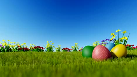 Easter-eggs-on-green-meadow-over-blue-sky,-Luma-Matte-attached