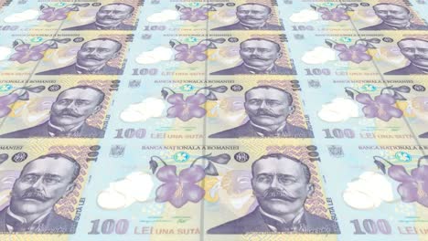 Banknotes-of-one-hundred-Romanian-lei-of-Romania-rolling,-cash-money