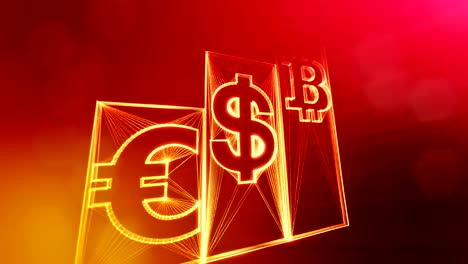 Columns-with-signs-of-bitcoin-dollar-and-euro.-Financial-background-made-of-glow-particles-as-vitrtual-hologram.-Shiny-3D-loop-animation-with-depth-of-field,-bokeh-and-copy-space..-Red-background-v1