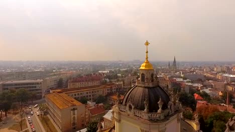 Flying-over-Cathedral-of-St.-Jura-Lviv-Ukraine.-Scenic-view-of-the-old-city-from-a-bird's-eye-view