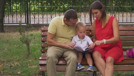 Junge-Eltern-zeigen-einem-jungen-Sohn-ein-Buch