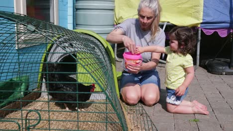Kleines-Mädchen-helfen-ihr-Oma-Futter-der-Hühner