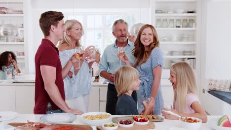 Familie-und-Freunde-treffen-zum-Mittagessen-Partei-in-Küche