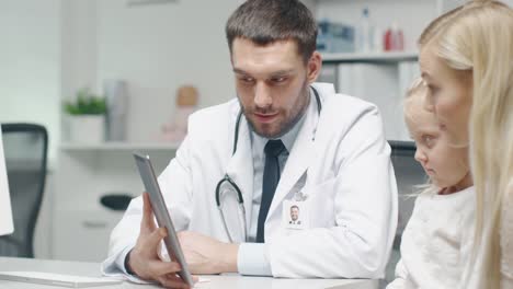 Male-Doctor-Consults-Young-Girl-and-Her-Mother-with-a-Help-of-a-Tablet.-They-Smile-Warmly.