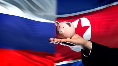 Russland-Investitionen-in-Nordkorea-Hand,-Geld-im-Sparschwein-Flagge-Hintergrund