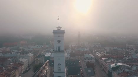 LVOV,-UKRAINE.-Panorama-of-the-ancient-city.-The-roofs-of-old-buildings.-Ukraine-Lviv-City-Council,-Town-Hall.-Sunrise.-Streets-aerial-view