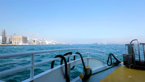 Turkey-coastline-scenery-while-sailing-on-cruiser,-beautiful-landscape,-horizon