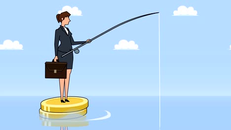 Flat-cartoon-businesswoman-character-fisher-with-fishing-rod-floating-on-dollar-coins-finance-businesss-concept