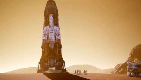 Astronauts-go-to-the-Rover-after-landing-in-a-rocket-on.-Panoramic-landscape-on-the-surface-of-Mars.-Realistic-cinematic-animation.