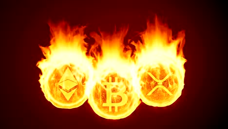 Bitcoin,-Etereum-y-ondulación-criptomoneda-quema-en-el-fuego.-El-declive-del-mercado-rojo