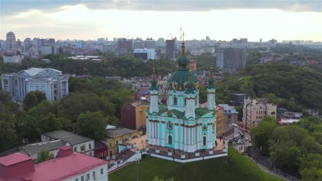 Aerial-view-of-St.-Andrew’s-Church,-historical-center,-Podolsky-district,-Kyiv,-Ukraine