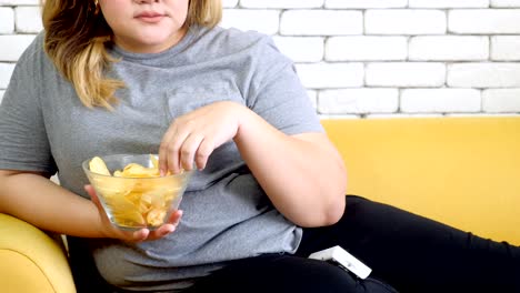 Mujer-gorda-comiendo-papas-fritas-en-el-sofá-y-viendo-la-televisión-en-casa