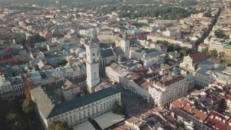 Aerial-City-Lviv,-Ukraine.-European-City.-Popular-areas-of-the-city.-Town-Hall