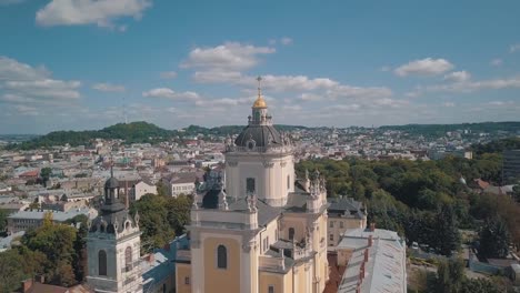 Aerial-view-of-St.-Jura-St.-George's-Cathedral-church-in-town-Lviv,-Ukraine