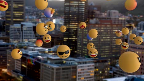 Emoji-icons-flying-over-cityscape-4k