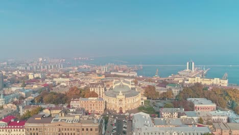 Aerial-view-of-Odesa-city-center-downtown-revealing-Odessa-Opera-and-Ballet-Theater-and-seaport