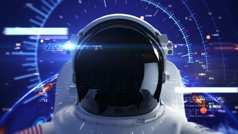 Futuristische-Astronaut-trägt-Helm-im-unendlichen-Raum.-Computer-Codes-um