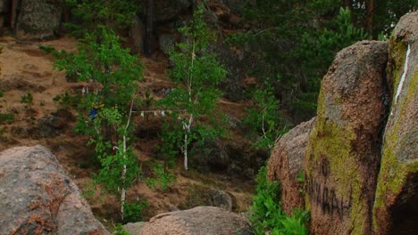 Sommer,-Tag,-Blick-vom-Hügel-über-den-Fluss-mit-einem-Felsen-im-Vordergrund