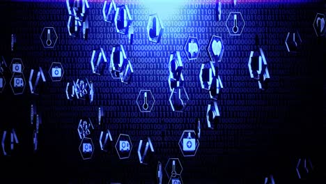 3D-Medical-Technology-Icons-Spinning-in-Hexagon-Border-Hovering-on-The-Random-Binary-Code-Background-with-Blue-Lighting