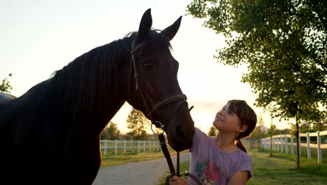 CLOSE-UP:-Alegre-niña-linda-acariciando-el-hermoso-caballo-marrón-grande-al-atardecer