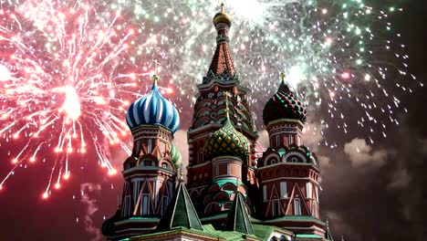 Cathedral-of-Intercession-of-Most-Holy-Theotokos-on-the-Moat-(-Temple-of-Basil-the-Blessed)-and-fireworks,--Red-Square,-Moscow,-Russia