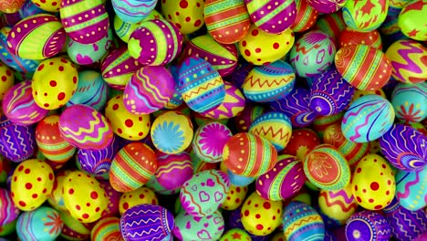 Colorful-Easter-eggs,-fall-into-the-frame-and-fill-it-completely.-Green-background.