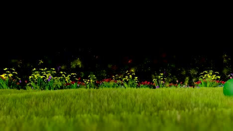 Easter-eggs-ongreen-meadow-over-blue-sky,-particles-flying