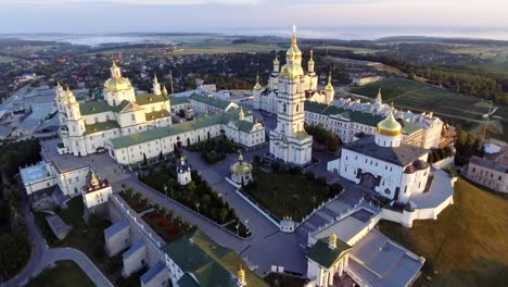 Aerial-view-of-Holy-Dormition-Pochayiv-Lavra,-an-Orthodox-monastery-in-Ternopil-Oblast-of-Ukraine.-Eastern-Europe