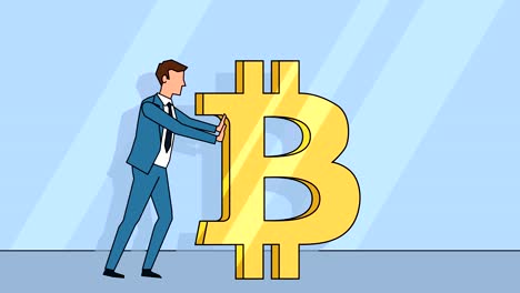 El-personaje-de-empresario-de-dibujos-animados-empuja-una-animación-de-concepto-de-Bitcoin-signo-de-dinero-con-alfa-mate