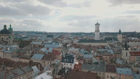 Aerial-City-Lviv,-Ukraine.-European-City.-Popular-areas-of-the-city.-Rooftops