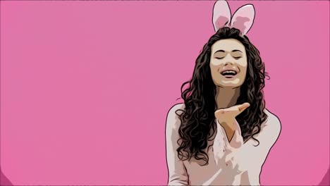 Beautiful-young-girl-standing-on-a-pink-background.-During-this,-there-are-ears-of-rabbits-on-the-head.-Watching-the-camera-smiles-and-shows-gestures-of-air-kisses.-Easter.-Animation.