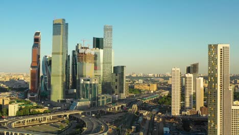 Aerial-view-of-Moscow-city-skyscrapers-at-sunset