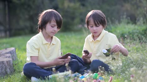 Sweet-children,-boy-brothers-with-bunny-ears,-egg-hunting-for-Easter,-child-and-Easter-day-traditions.-Kids-and-holidays