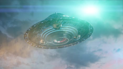 ufo-fliegende-Untertasse-auf-dunklem-Hintergrund.-3D-Rendern