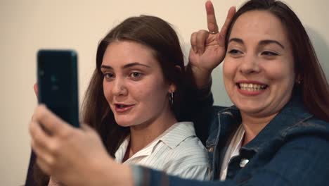 Dos-chicas-jóvenes-divirtiéndose,-riendo-y-haciendo-selfie