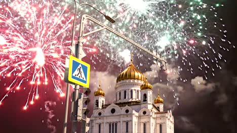 Fireworks-over-the-Christ-the-Savior-Cathedral,-Moscow,-Russia.