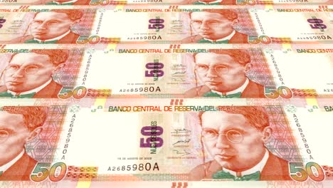 Banknoten-der-fünfzig-peruanischen-Sohlen-von-Peru,-Bargeld,-Schleife