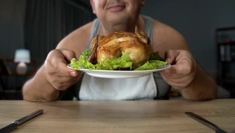 Obese-male-enjoying-tasty-smell-of-grilled-chicken,-overeating-and-junk-food