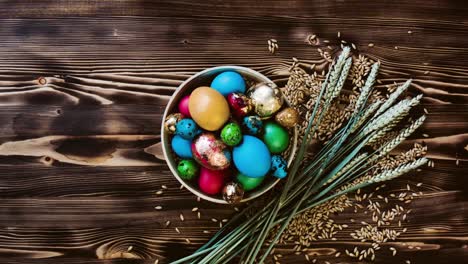 Easter-beautiful-eggs-lie-in-wooden-bowl-on-wooden-table.