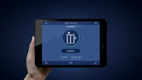 Auto-Aufzug-in-Smart-Gebäude-zu-steuern,-berühren-Sie-Anwendung-in-smart-Pad,-tablet.-Internet-der-Dinge-bauen.