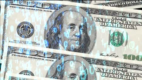 USA-100-Dollar-Banknoten-unter-den-Binär-Code-Hintergrund,-Krypto-Währung-und-Internet-Technologie-Banking-Konzept.-FINTECH-oder-digitalen-Währungen-konzeptionelle-Video.