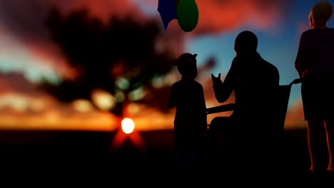 Mother-and-children-with-senior-couple-enjoying-sunrise-on-green-meadow-with-oak-tree,-timelapse-clouds,-panning