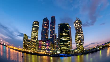 Moscow-city-skyline-day-to-night-timelapse-at-business-center-district-and-Moscow-River,-Moscow-Russia-4K-Time-Lapse