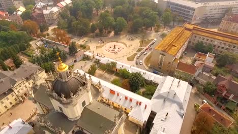 Aerial-view-.-Beautiful-view-of-the-city-and-the-magnificent-Catholic-temple-from-a-bird's-eye-view.-Ukraine