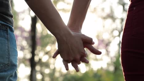 Close-up-of-couple-holding-hands-together-at-the-park-with-sunlight-flare-in-the-background